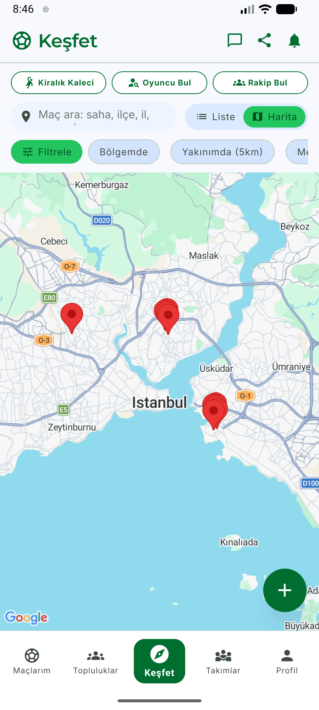 Eksik11 harita ekranı: sahaların ve açık maçların harita üzerinde gösterimi