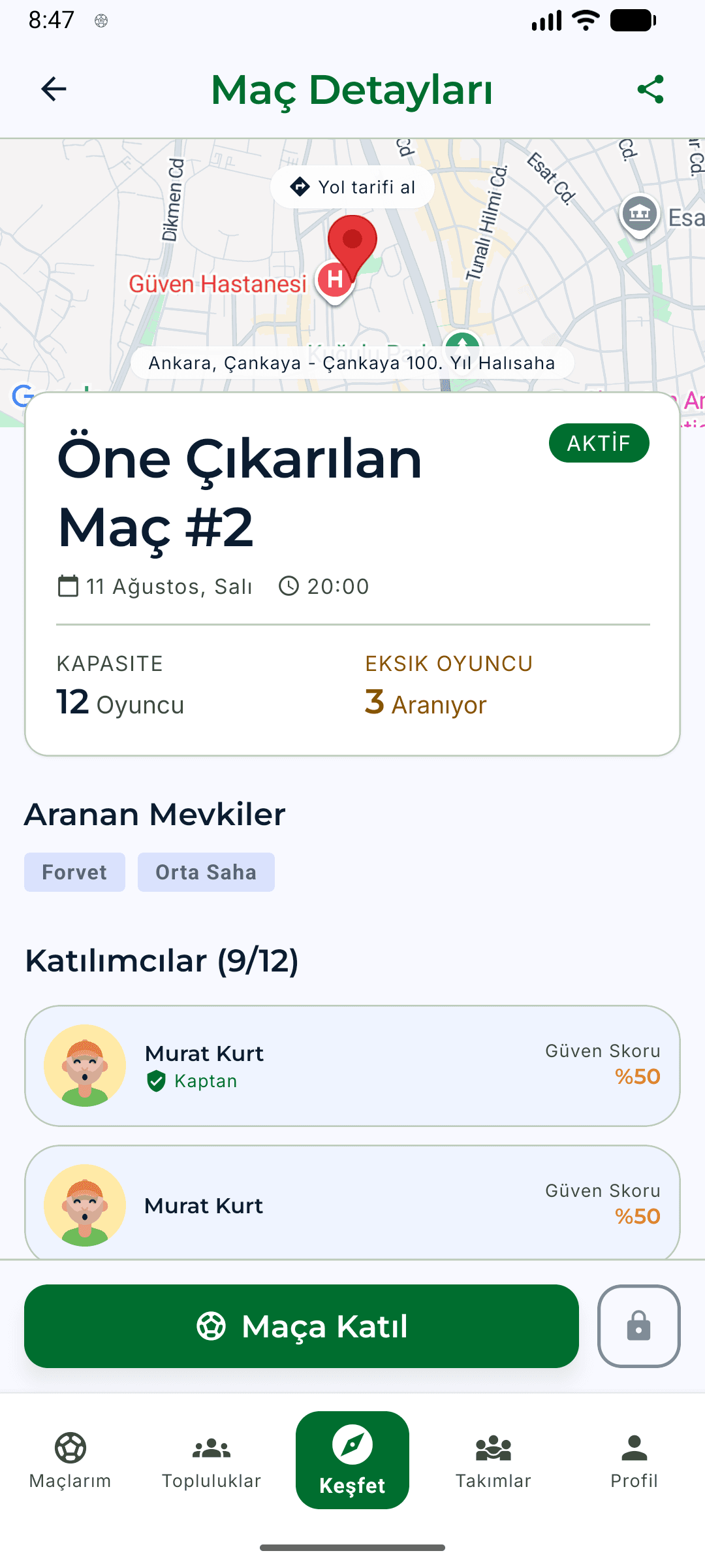 Eksik11 maç detay ekranı: kadro listesi, aranan mevkiler ve güven skorları