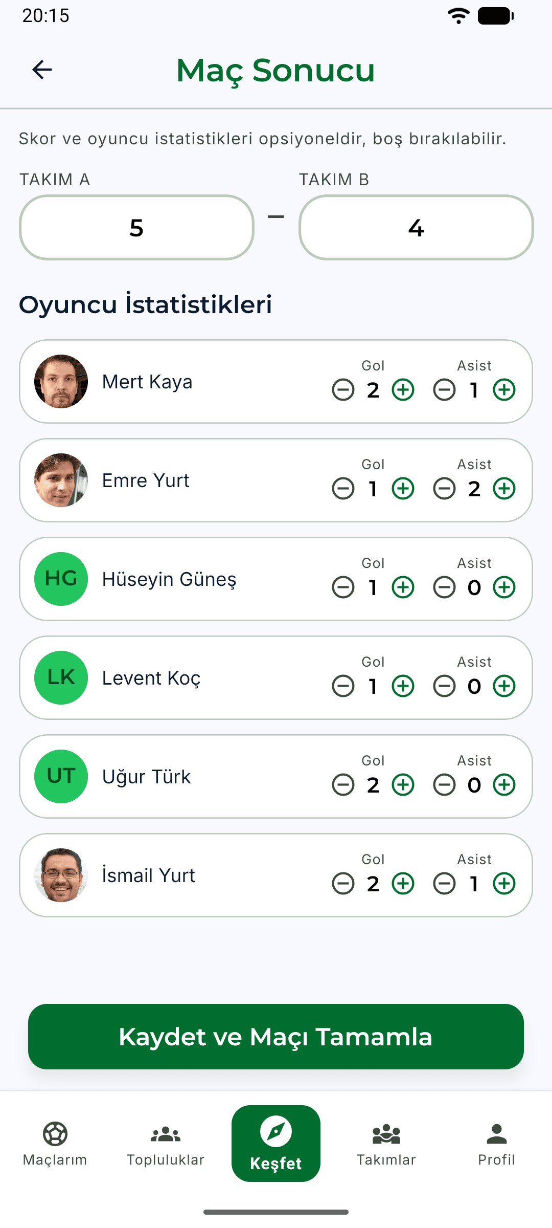 Eksik11 maç sonucu ekranı: iki takımın skor girişi ve oyuncu başına gol ile asist sayaçları