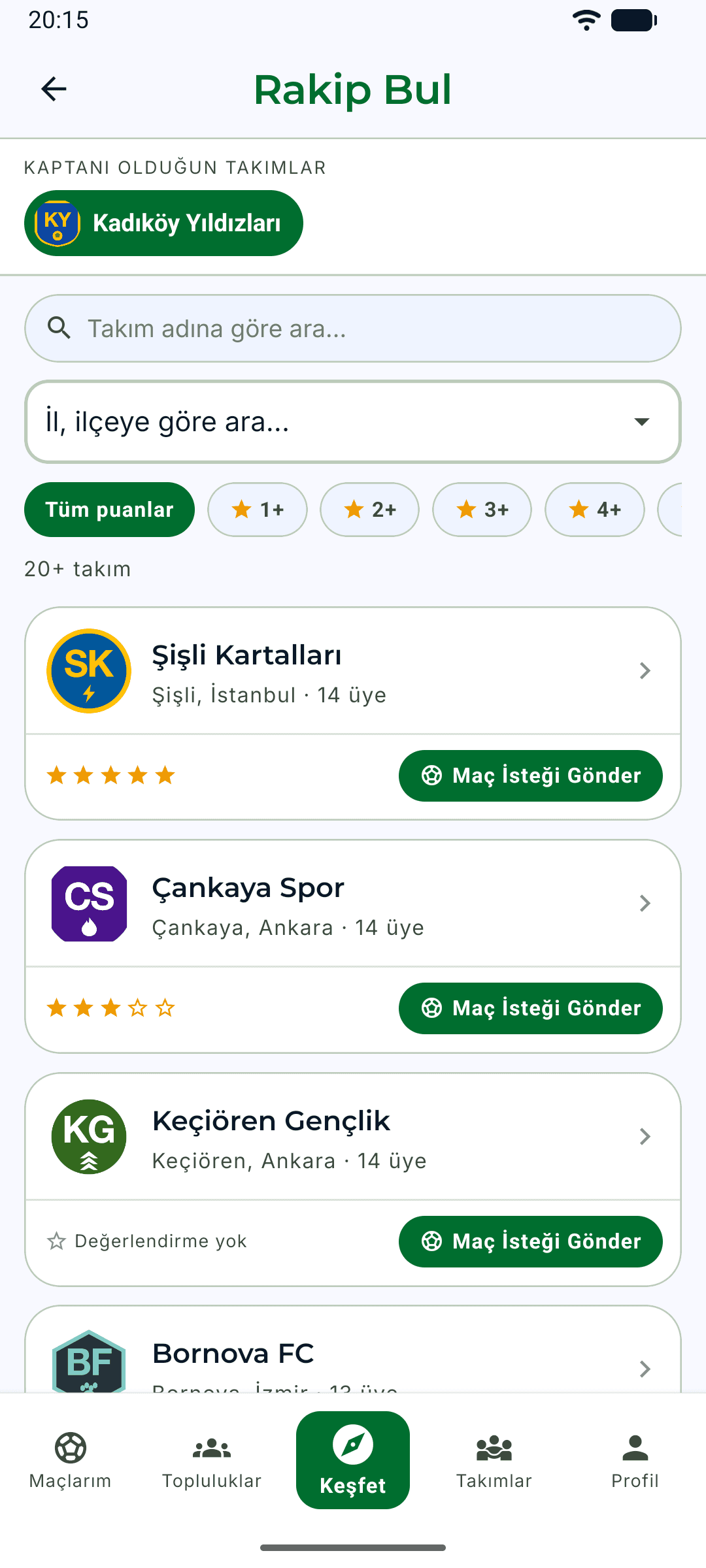 Eksik11 rakip bul ekranı: yıldız puanına göre filtrelenen rakip takım listesi ve maç isteği gönderme butonları
