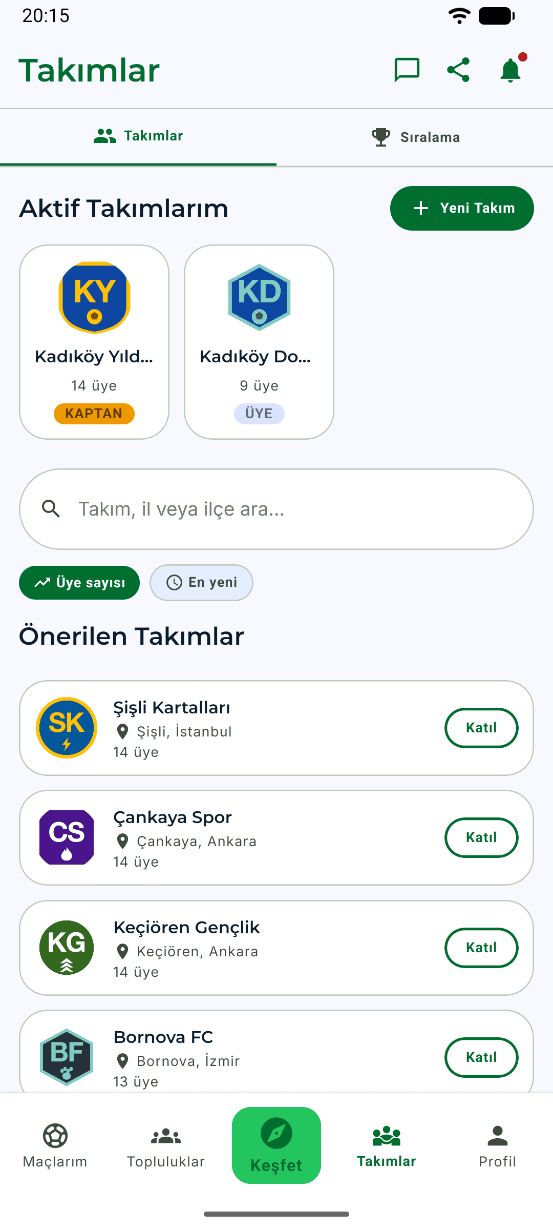 Eksik11 takımlar ekranı: kullanıcının kaptanı olduğu takımlar ile önerilen takımların arma, konum ve üye sayısıyla listesi